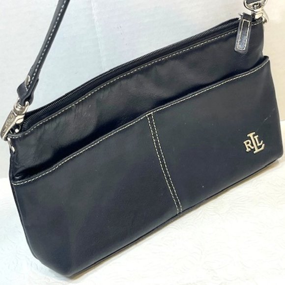 Ralph Lauren Black Soft Leather Handbag Clutch Detachable Strap  10"x1.5"x6" - Picture 1 of 16